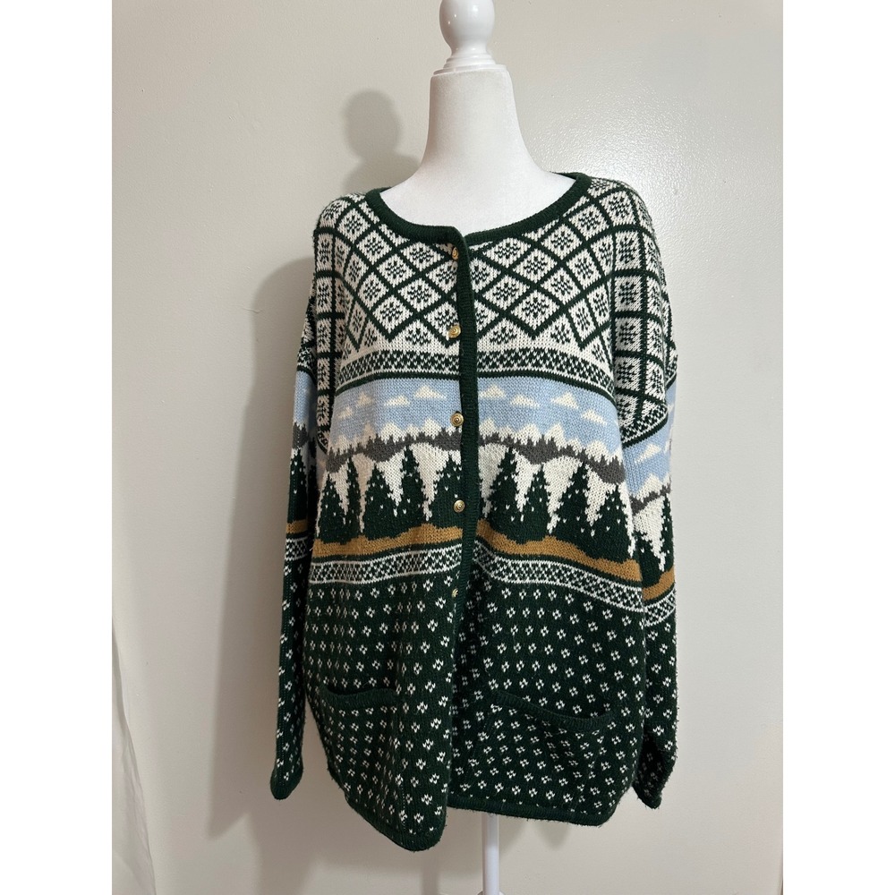 Kobe Woman Vintage Scenic Pine Tree Mountain Knit Cardigan Sweater Green 2X